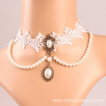 White Lace Choker With Pearl Tassel Bridal Jewellery
